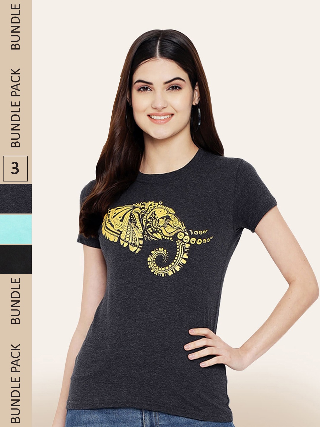 BAESD Pack Of 3 Typography Printed Cotton T-shirt, Charcoal