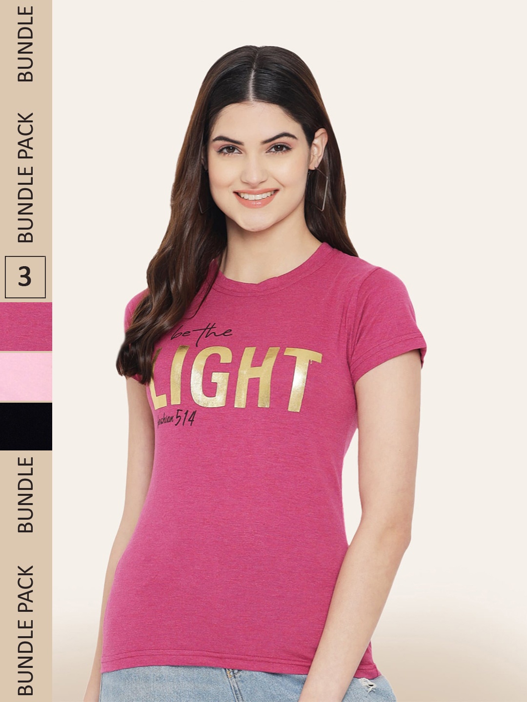 

BAESD Pack Of 3 Printed Cotton T-shirts, Pink