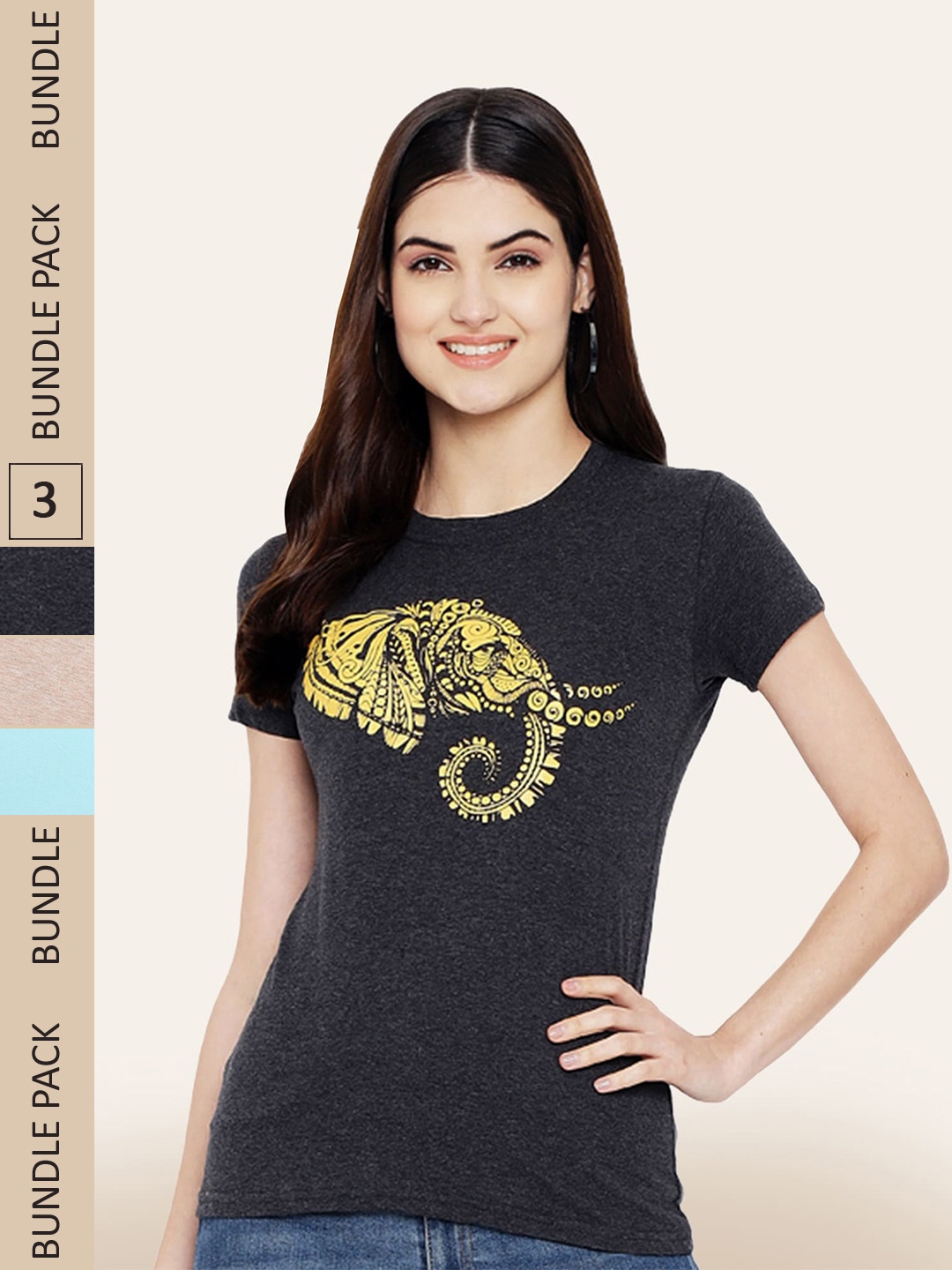 

BAESD Women Pack of 3 Printed Cotton T-shirts, Grey