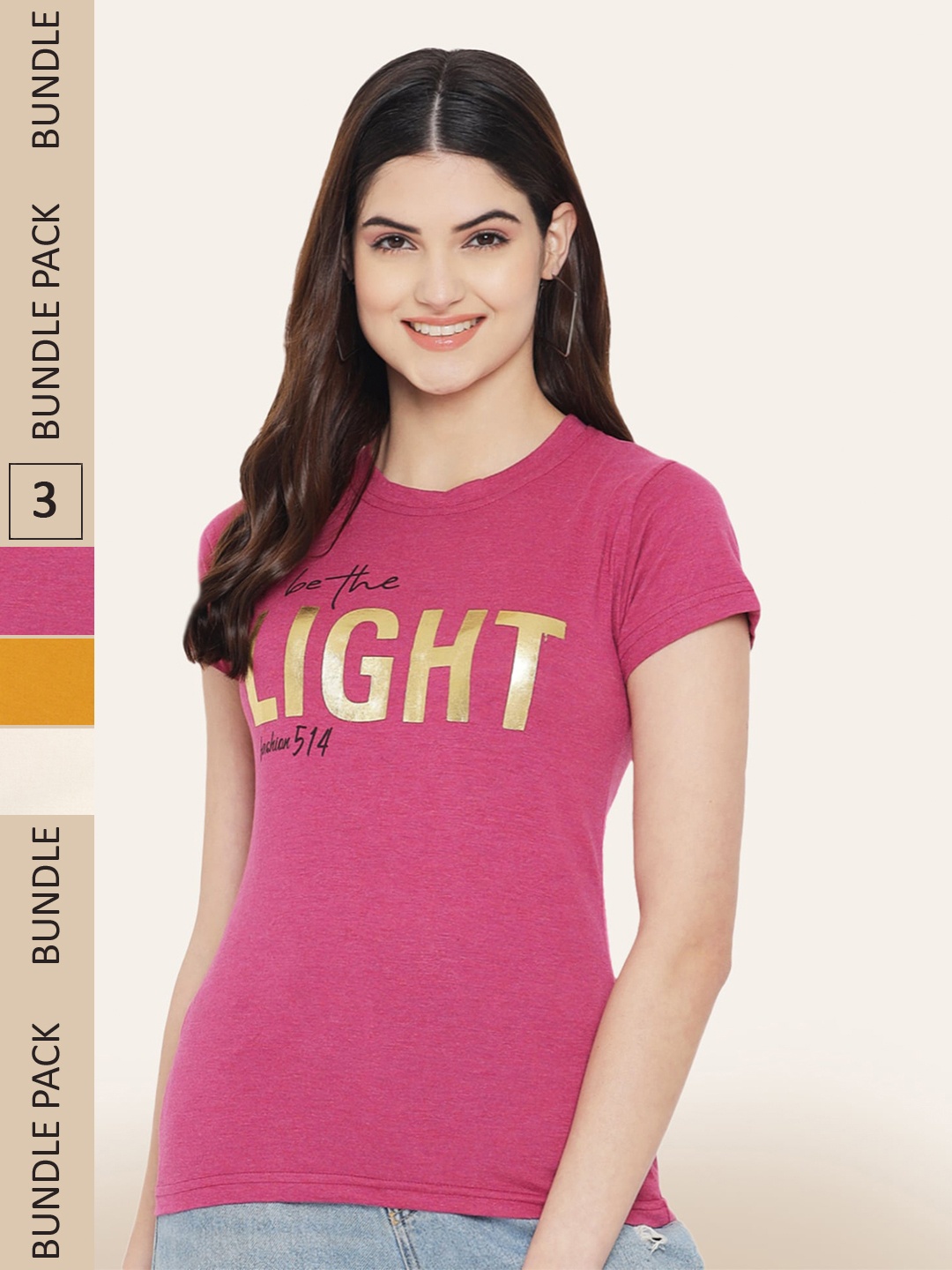 BAESD Pack Of 3 Printed Round Neck Cotton T-Shirts, Pink