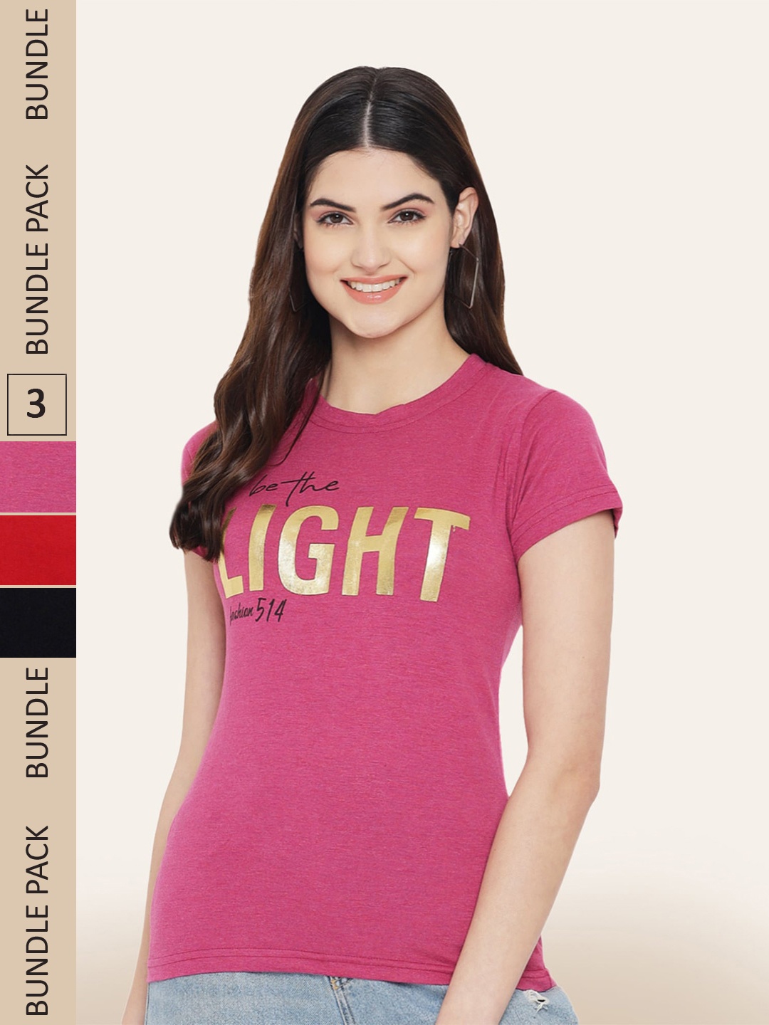 

BAESD Pack Of 3 Round Neck Printed Cotton T-shirt, Magenta