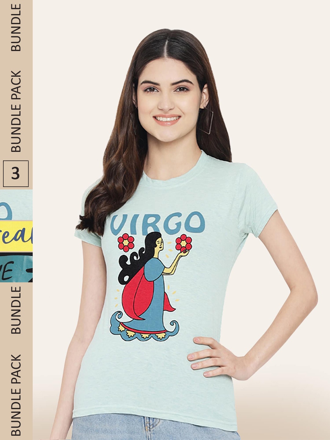 

BAESD Women Pack Of 3 Printed Cotton T-shirt, Blue