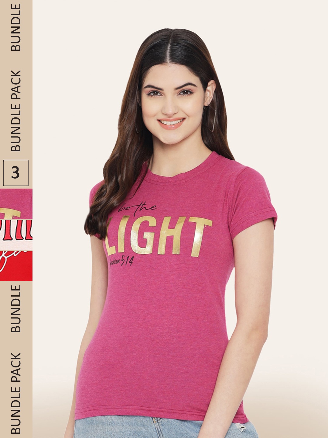 

BAESD Women Pack of 3 Printed Cotton T-shirts, Pink