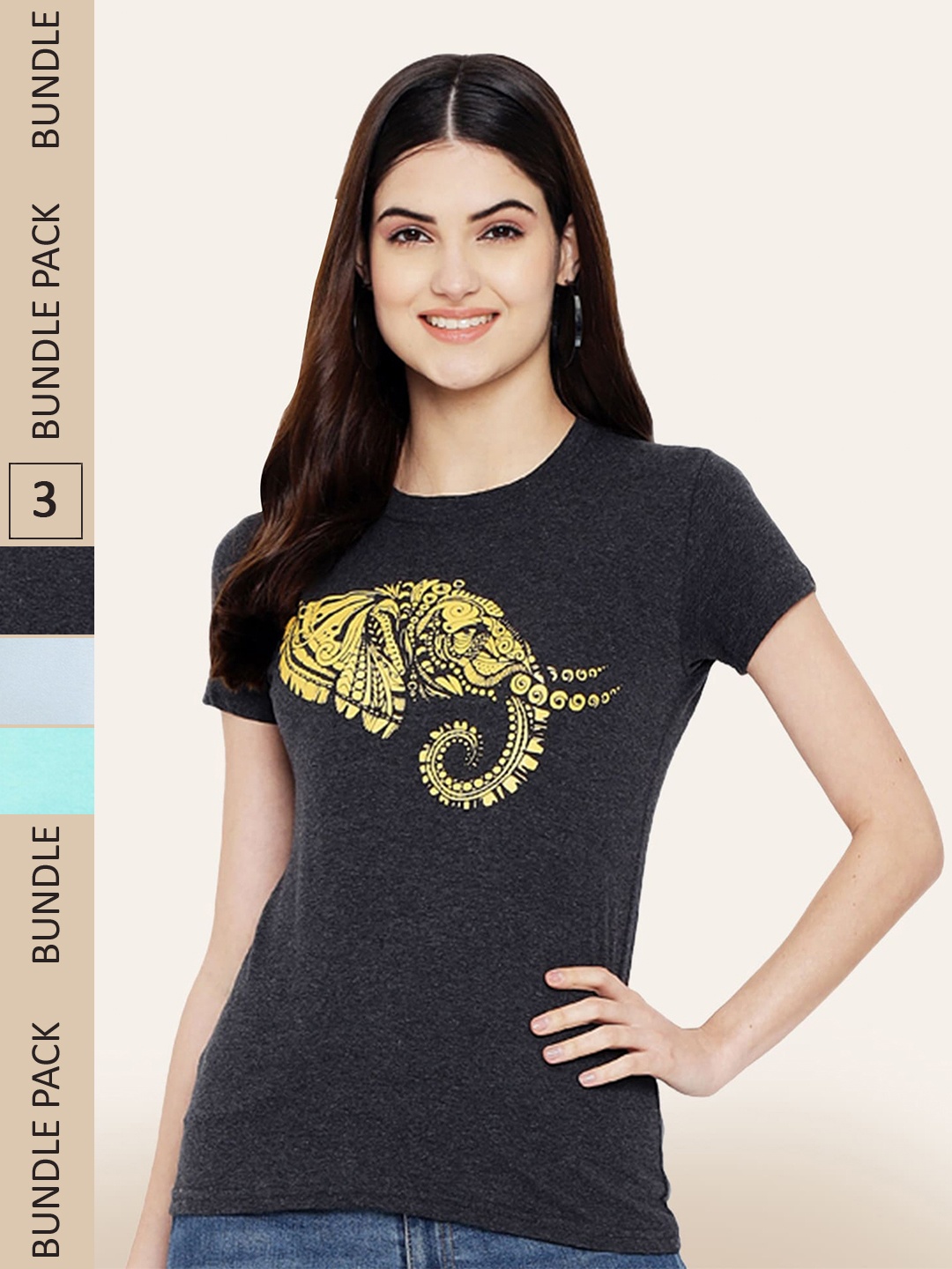 

BAESD Pack Of 3 Printed Cotton T-shirt, Charcoal