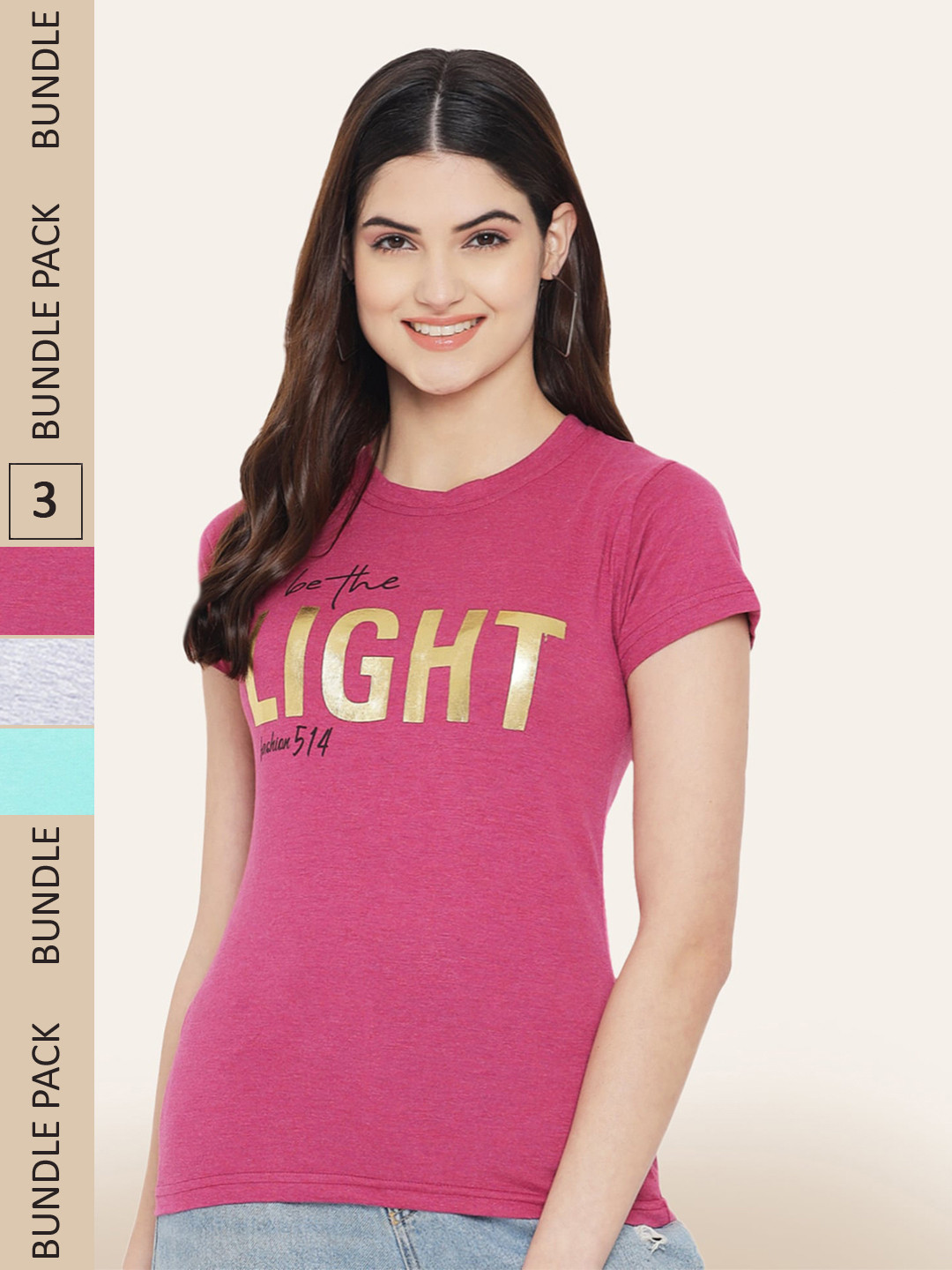 

BAESD Women Pack of 3 Printed Cotton T-shirts, Pink