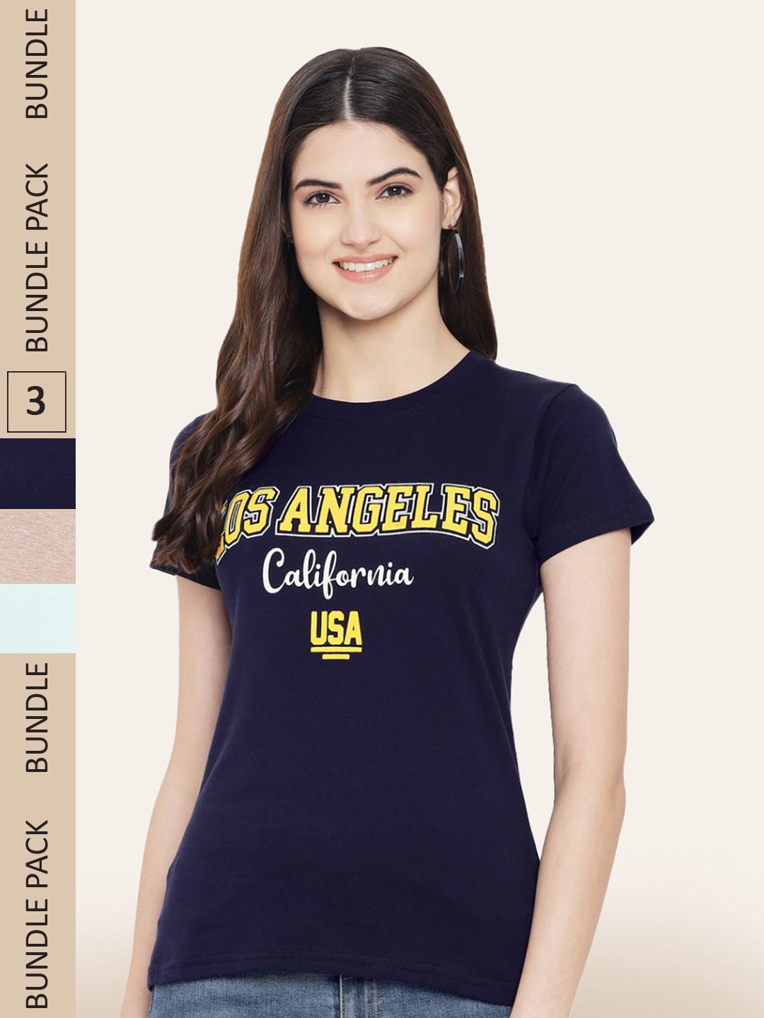 

BAESD Women Pack Of 3 Printed Cotton T-shirt, Navy blue