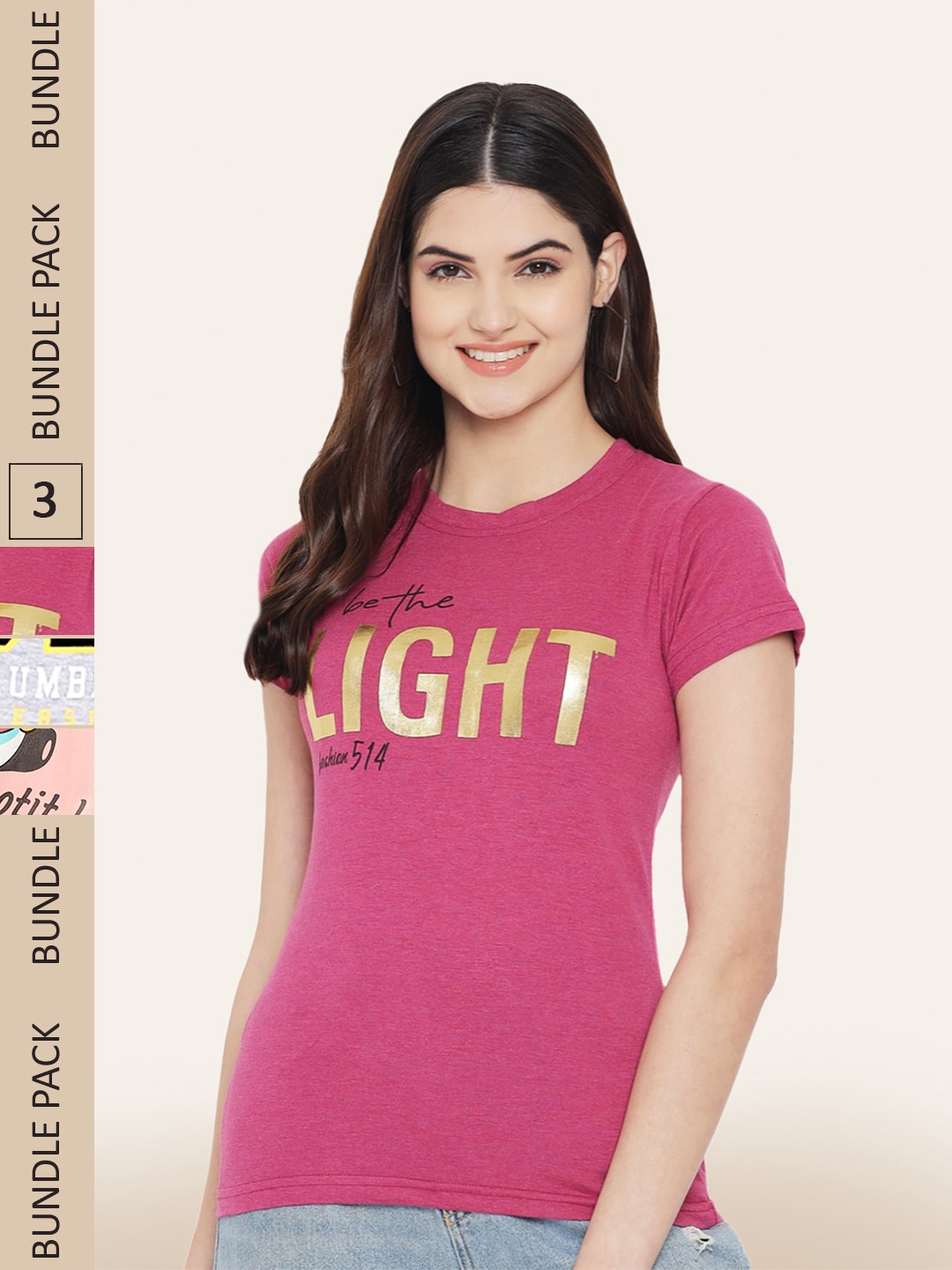

BAESD Women Pack Of 3 Typography Printed Cotton T-shirt, Mauve