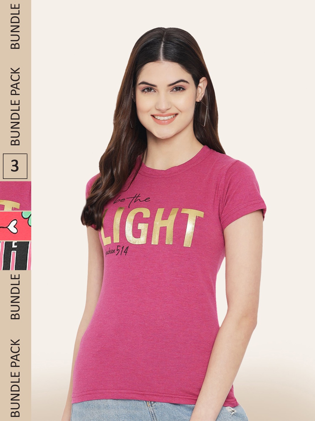 

BAESD Pack Of 3 Typography Printed Cotton T-Shirt, Pink
