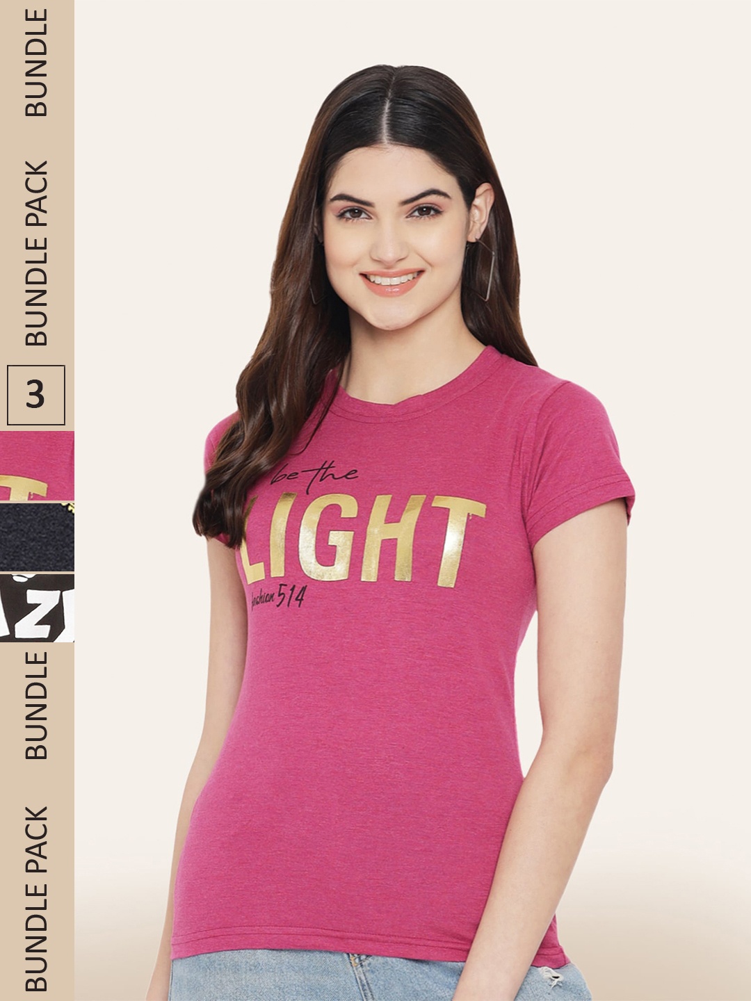 

BAESD Pack Of 3 Typography Printed Cotton T-shirt, Pink