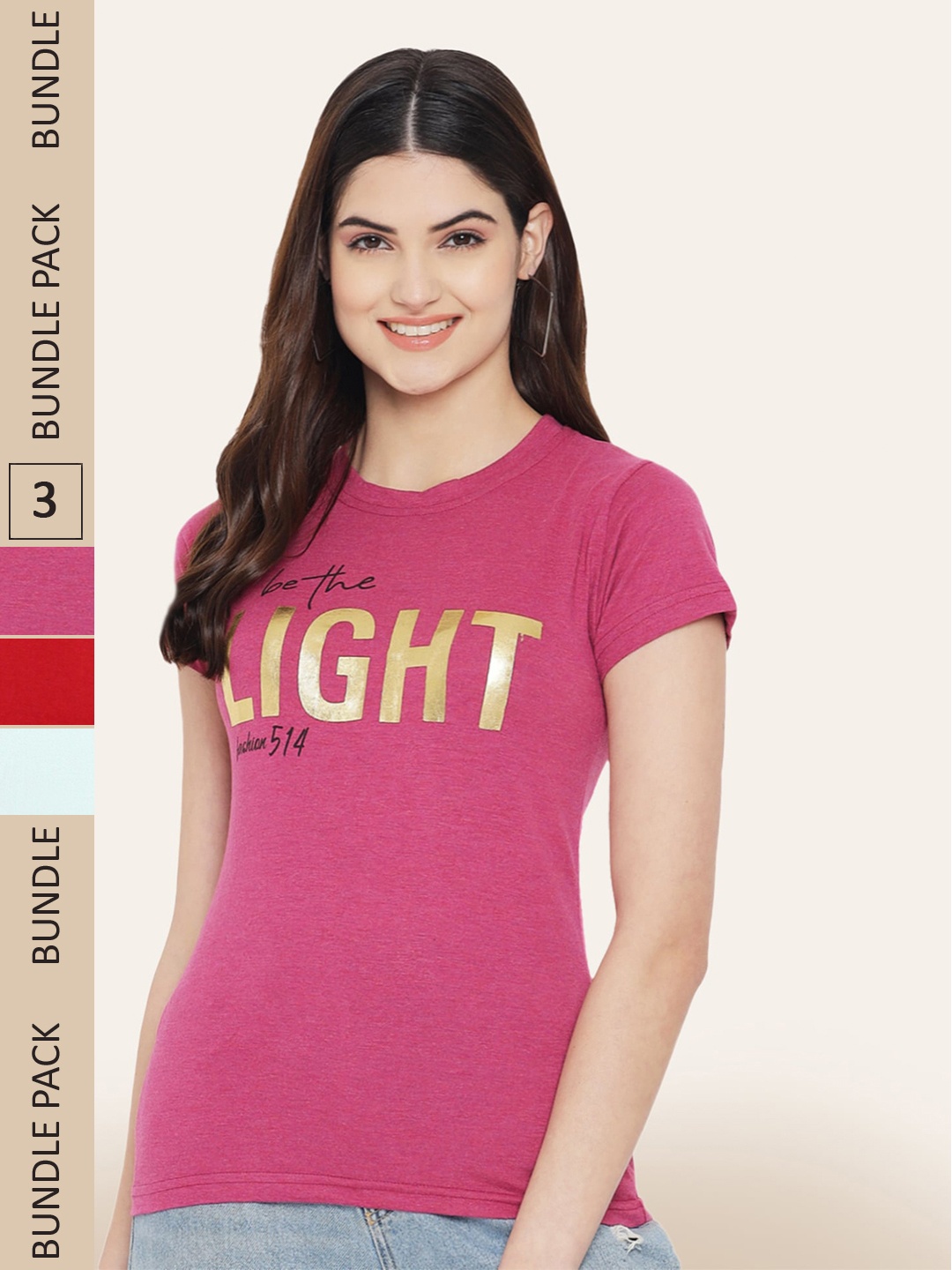 

BAESD Pack Of 3 Printed Round Neck Cotton T-Shirts, Pink