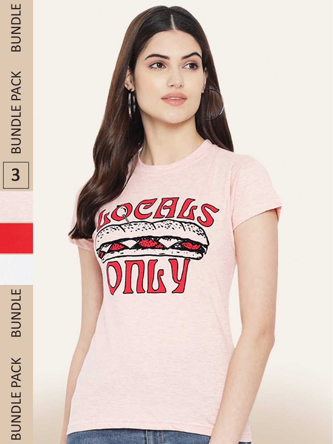 

BAESD Pack Of 3 Printed Round Neck Cotton T-shirt, Pink