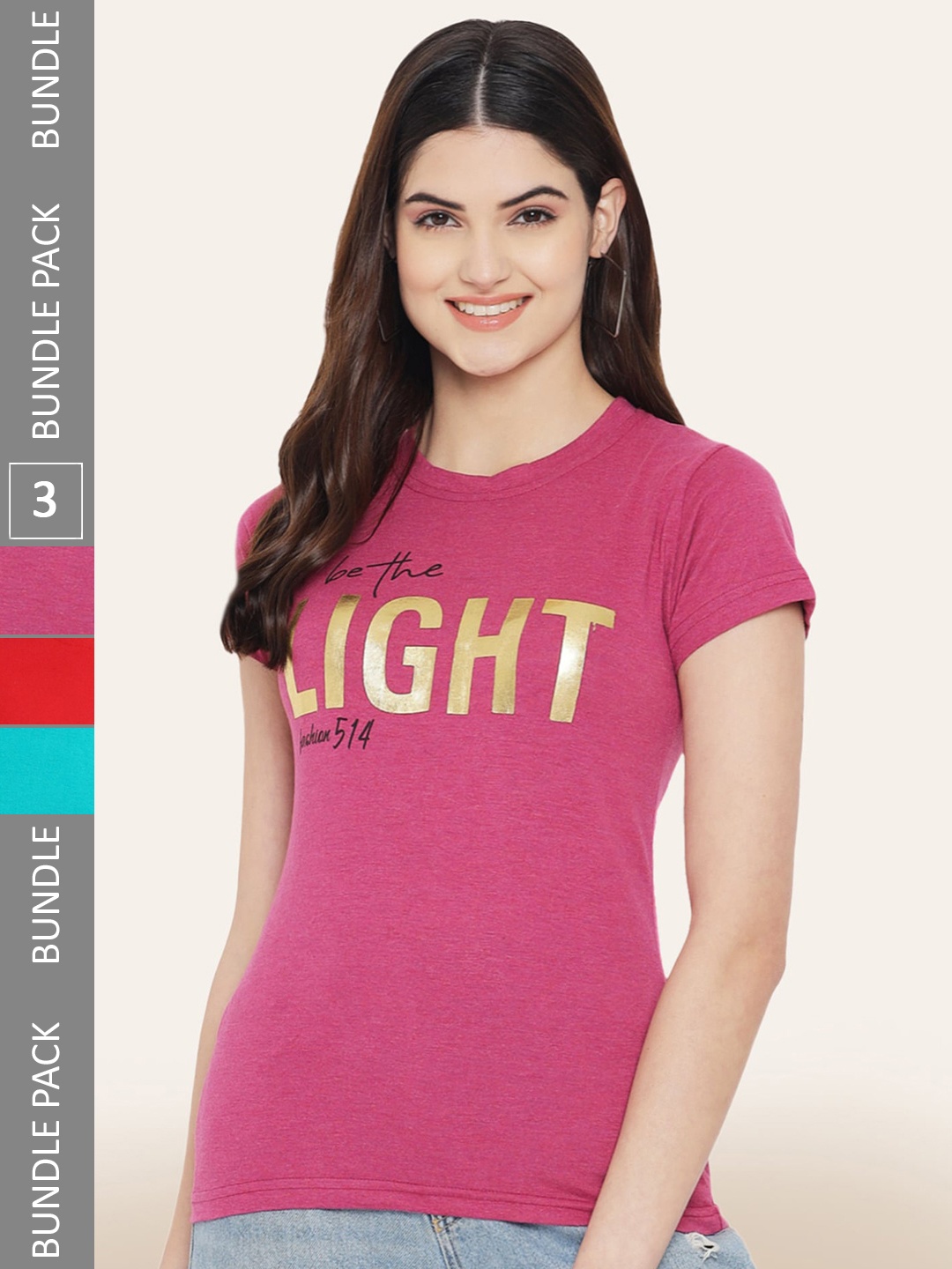BAESD Pack Of 3 Typography Printed Cotton T-shirt, Pink
