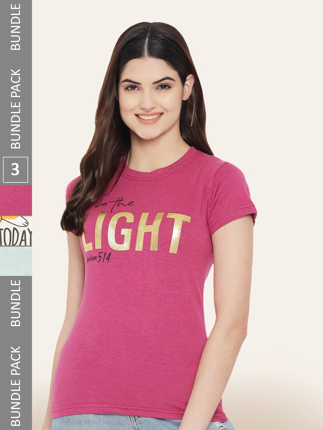 

BAESD Pack Of 3 Printed Typography Printed Cotton T-shirt, Pink