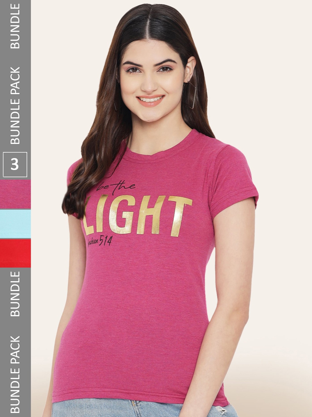 

BAESD Pack of 3 Printed Cotton T-shirts, Pink