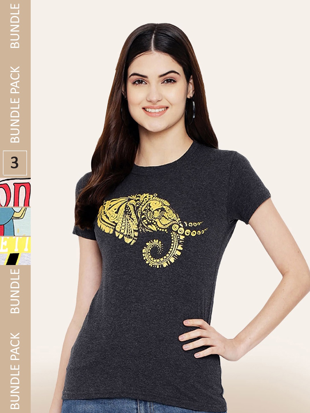 BAESD Pack Of 3 Printed Round Neck Cotton T-Shirts, Black