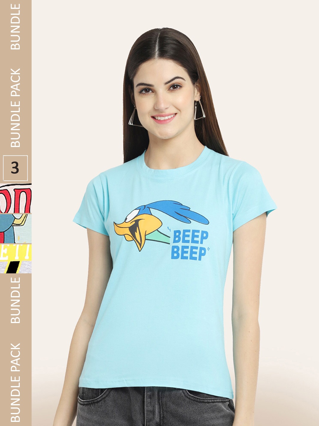 BAESD Women Pack Of 3 Printed Cotton T-shirt, Blue