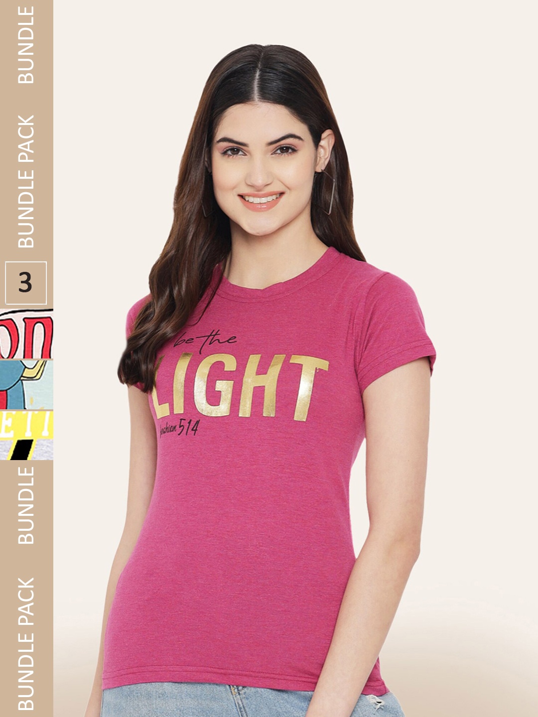 

BAESD Women Pack Of 3 Printed Cotton T-shirt, Pink