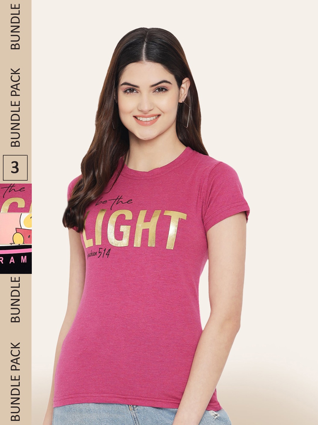

BAESD Pack Of 3 Typography Printed Cotton T-Shirt, Pink