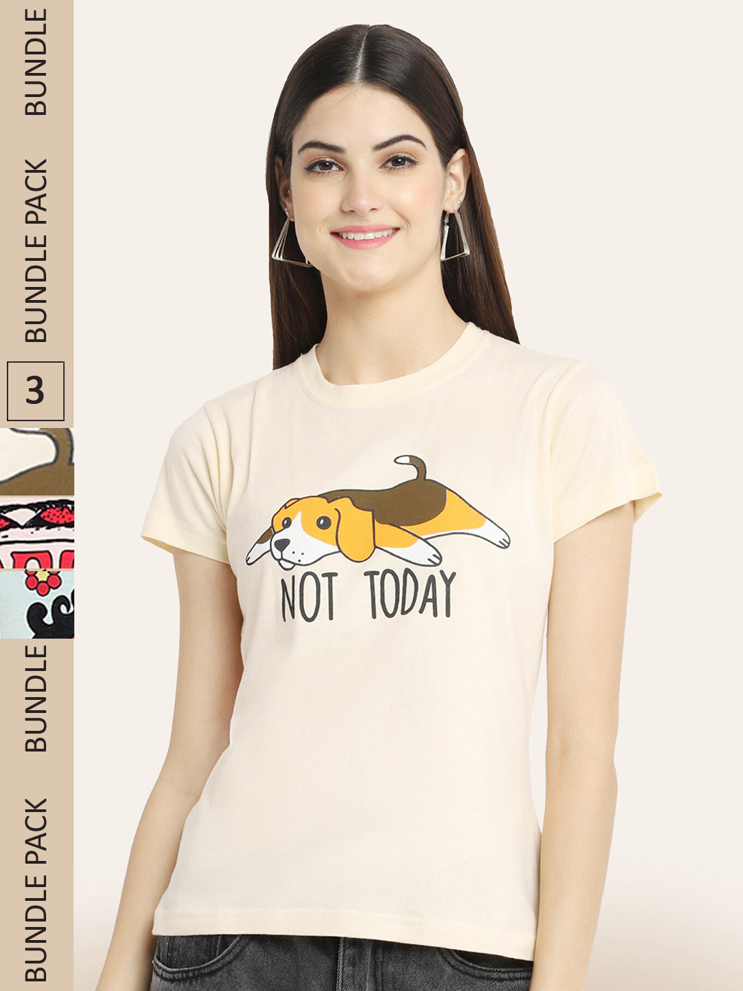 

BAESD Pack Of 3 Typography Printed Cotton T-Shirt, Cream