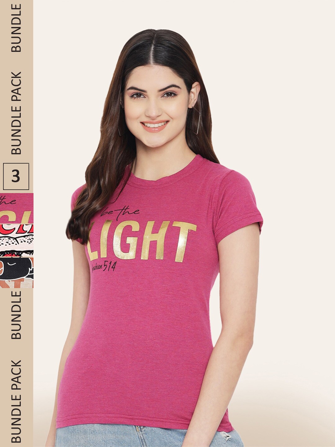 

BAESD Pack Of 3 Typography Printed Cotton T-Shirt, Pink