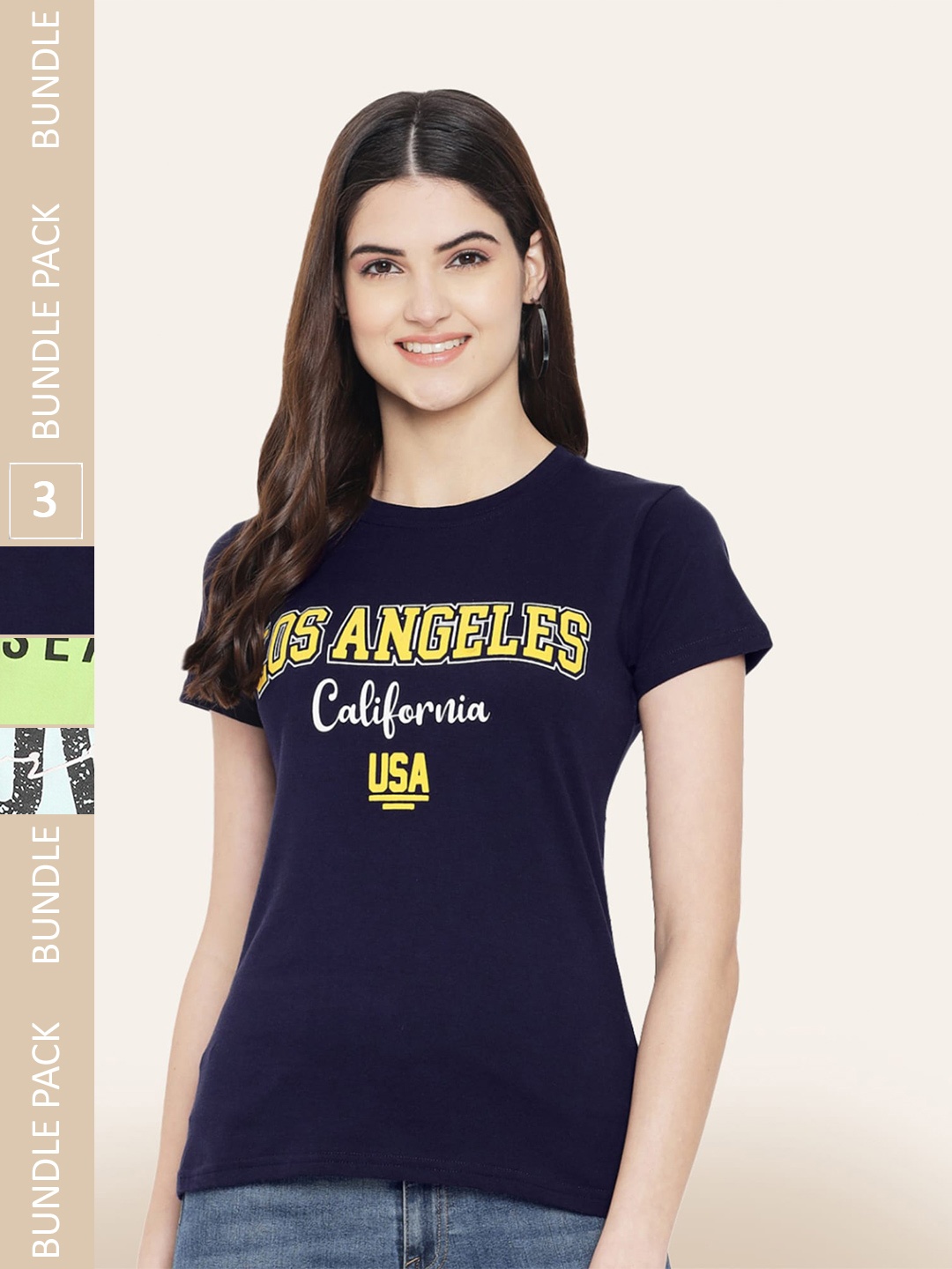 

BAESD Pack Of 3 Typography Printed Cotton T-shirt, Navy blue