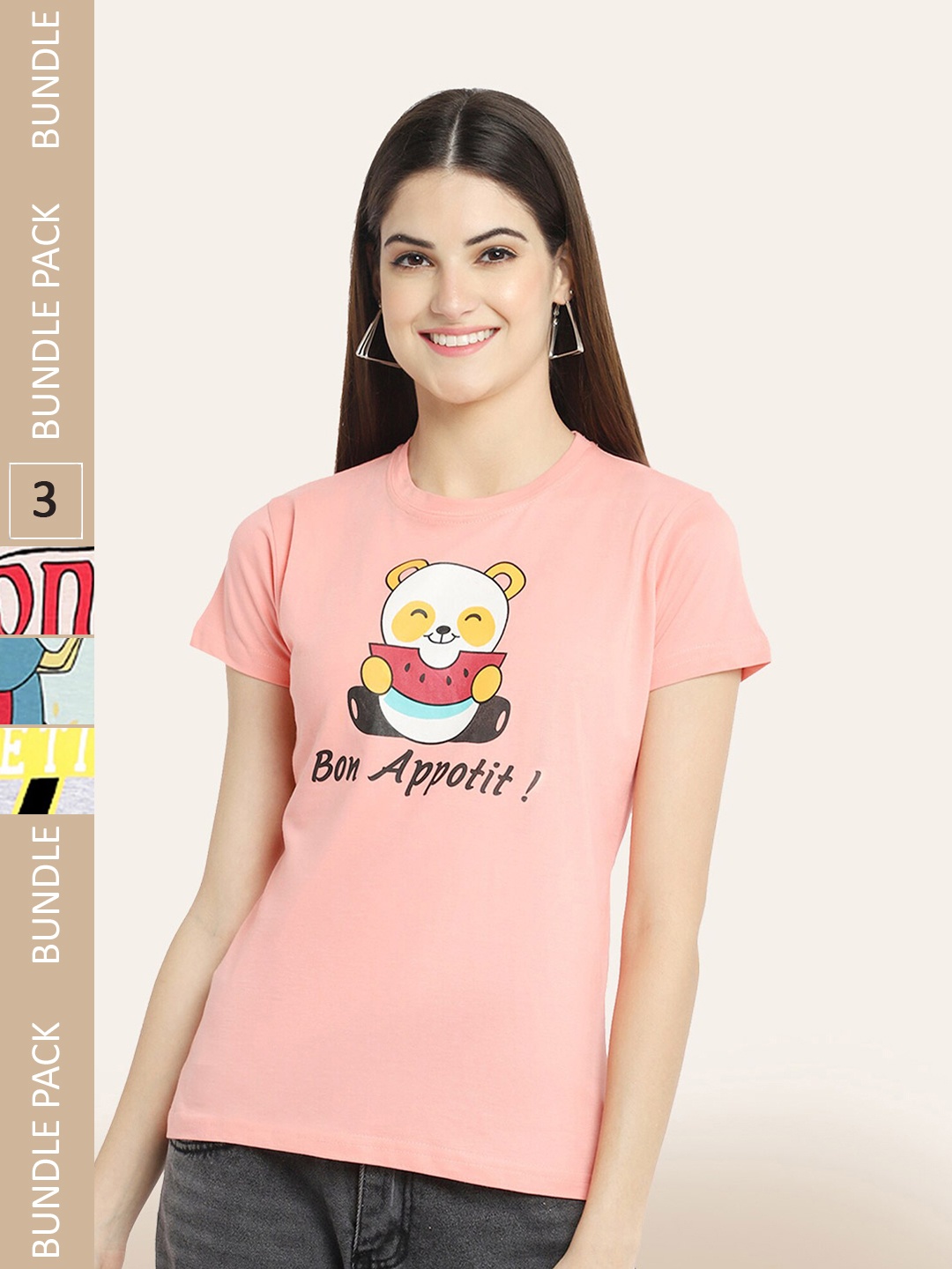 BAESD Pack Of 3 Typography Printed Cotton T-shirt, Peach
