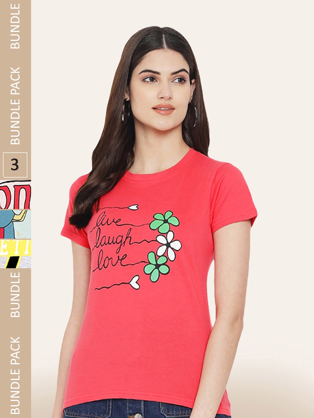 BAESD Pack Of 3 Printed Round Neck Cotton T-shirts, Coral