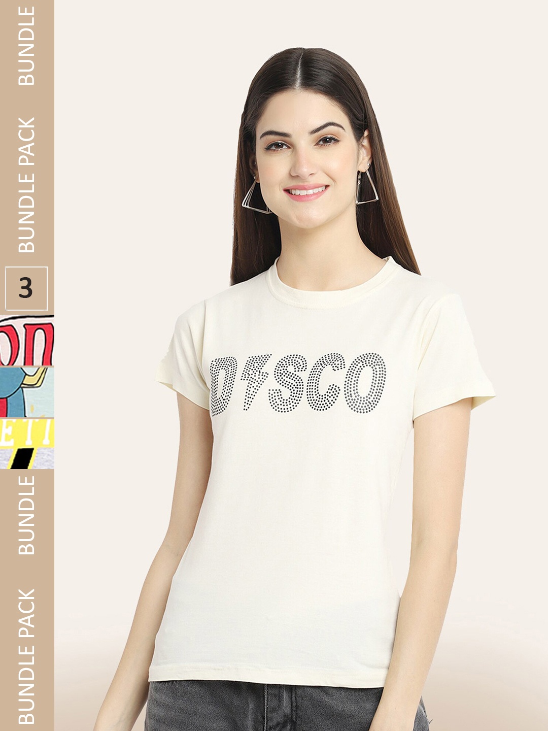 

BAESD Women Pack Of 3 Typography Printed Cotton T-shirt, Cream