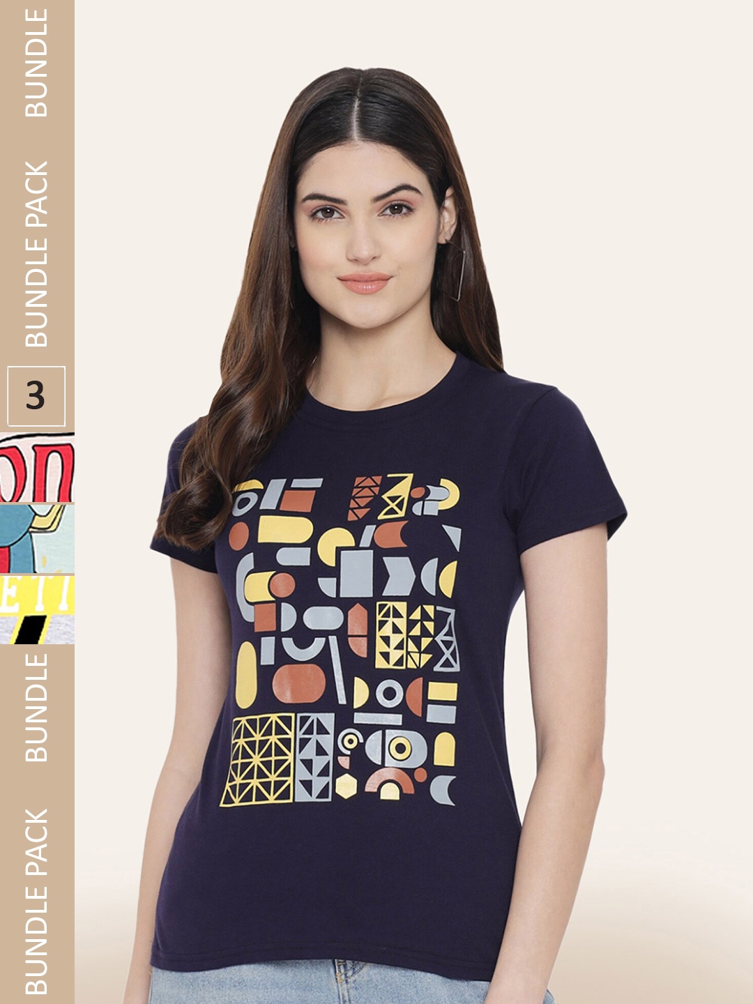 

BAESD Women Pack Of 3 Printed Cotton T-shirt, Navy blue