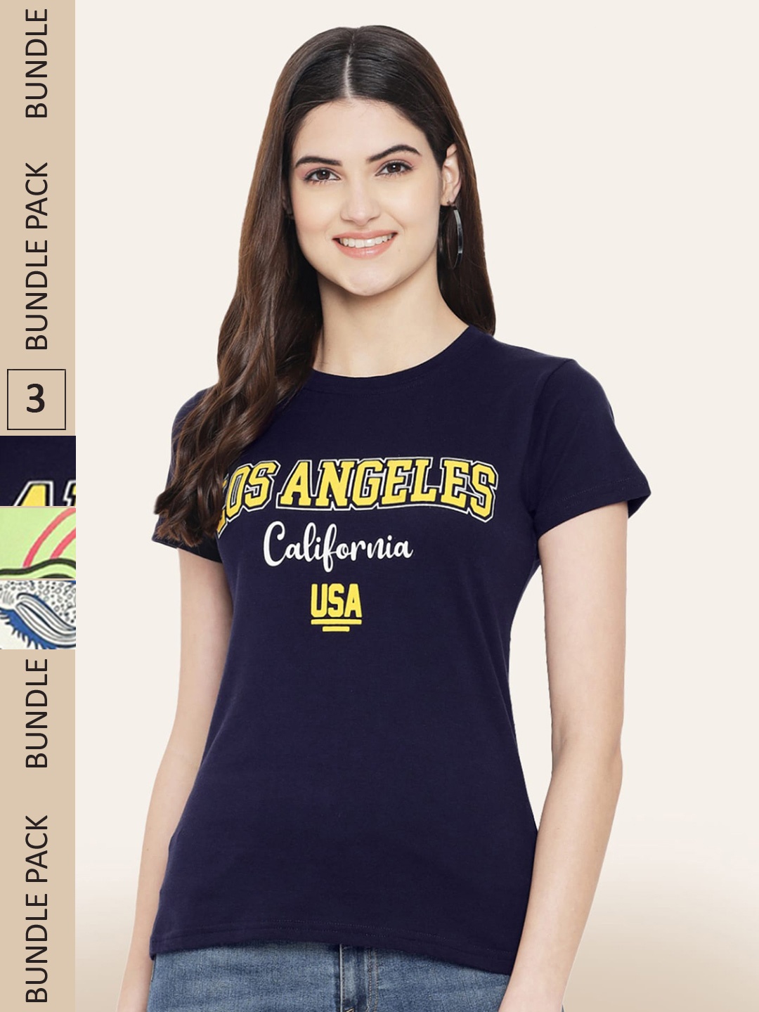 BAESD Women Pack of 3 Printed Cotton T-shirts, Navy blue