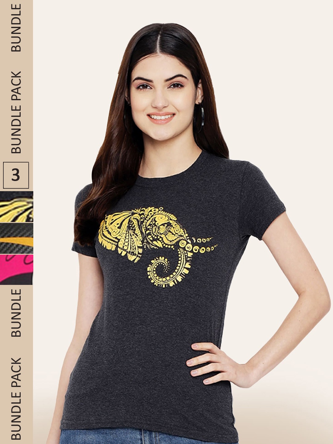 

BAESD Pack Of 3 Printed Round Neck Cotton T-shirts, Black
