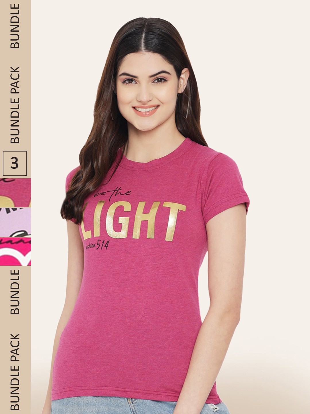 

BAESD Pack of 3 Typography Printed Cotton T-shirt, Magenta