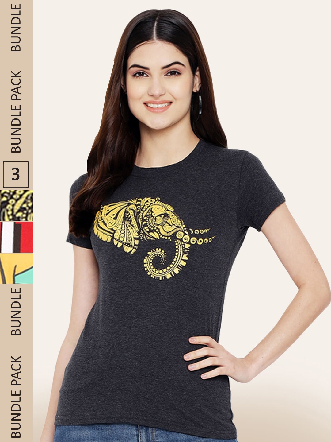 BAESD Women Pack Of 3 Printed Cotton T-shirt, Black