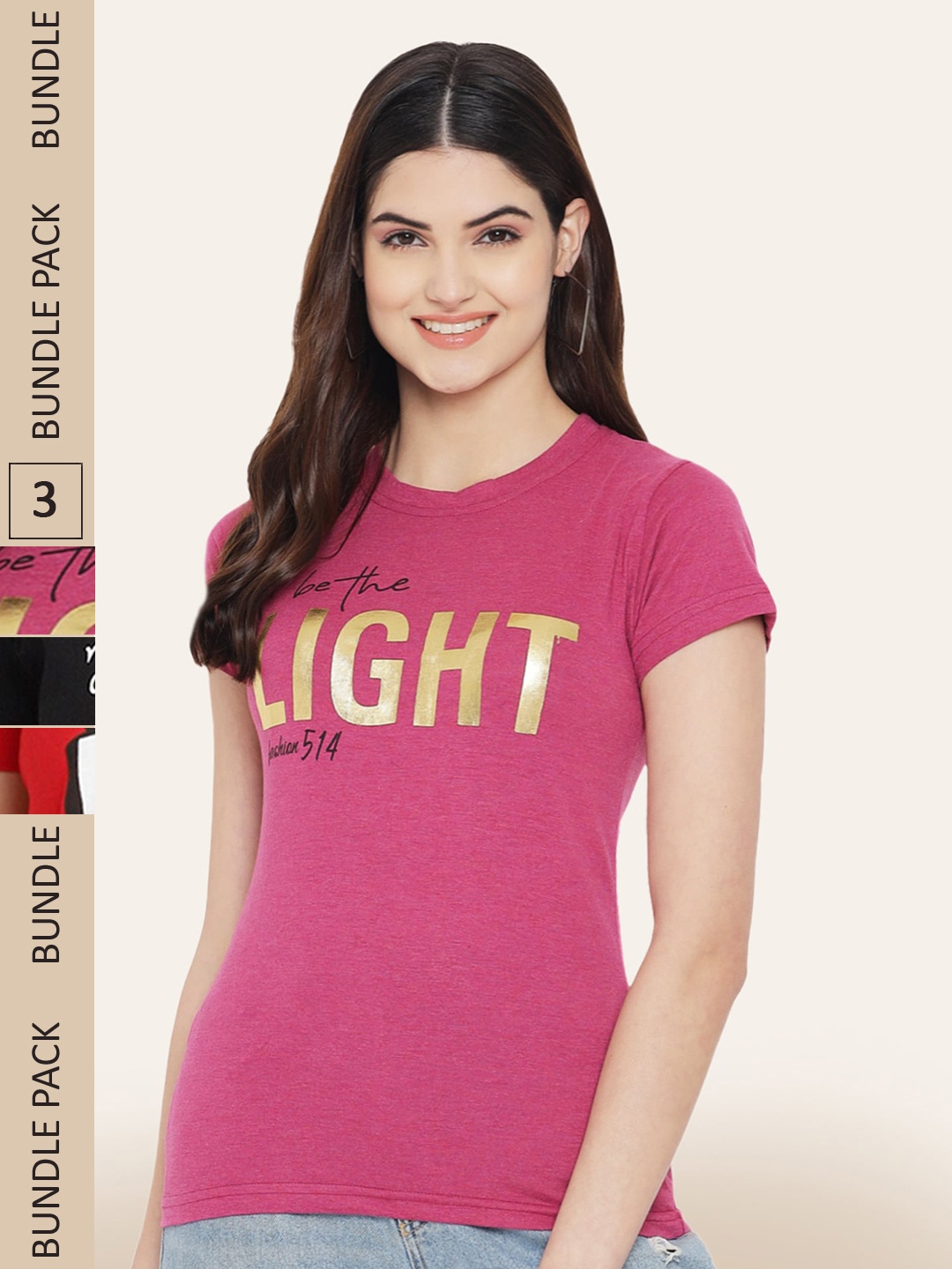 

BAESD Pack Of 3 Typography Printed Cotton T-shirt, Pink