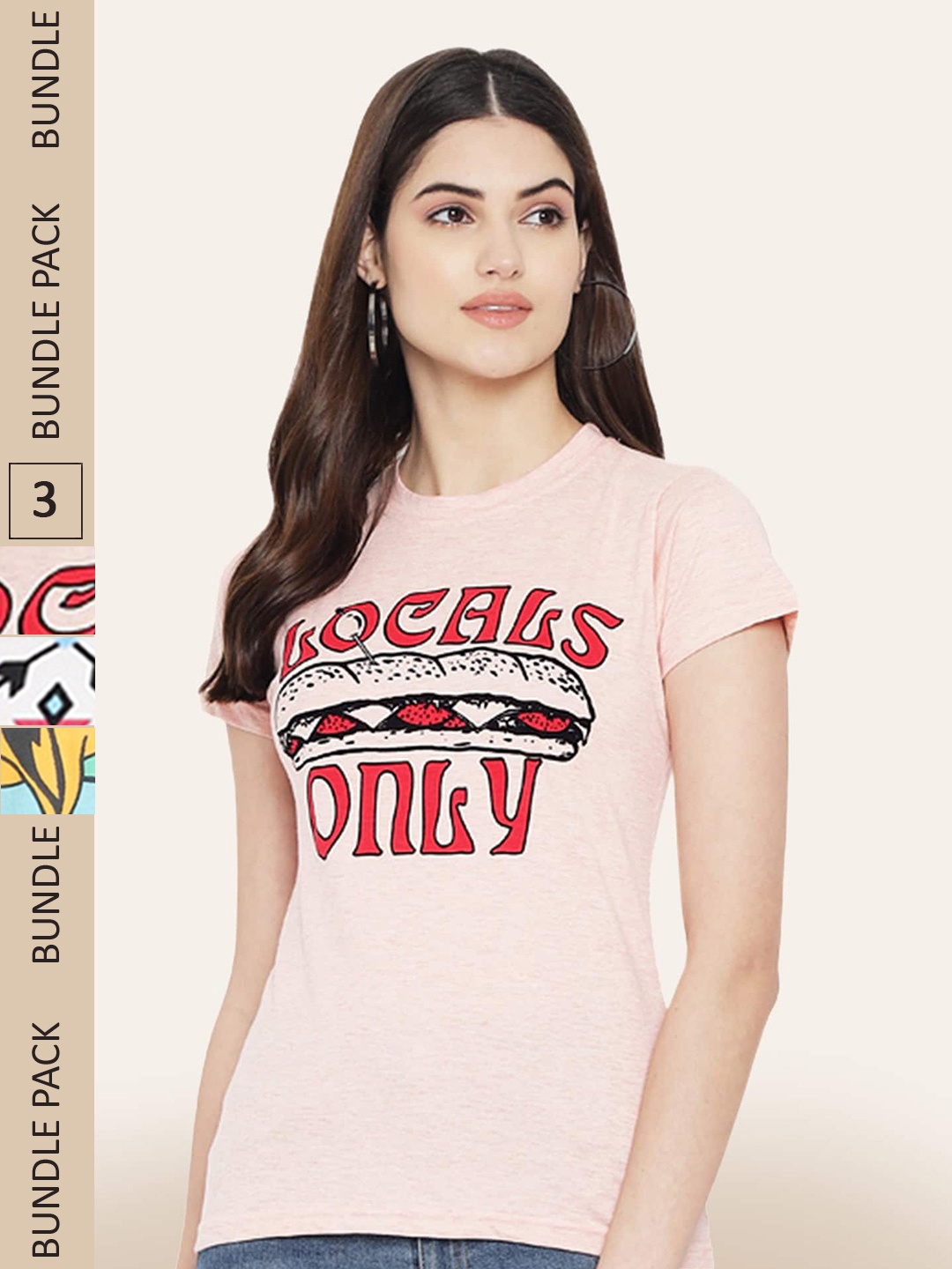 

BAESD Pack Of 3 Printed Typography Printed Cotton T-shirt, Peach