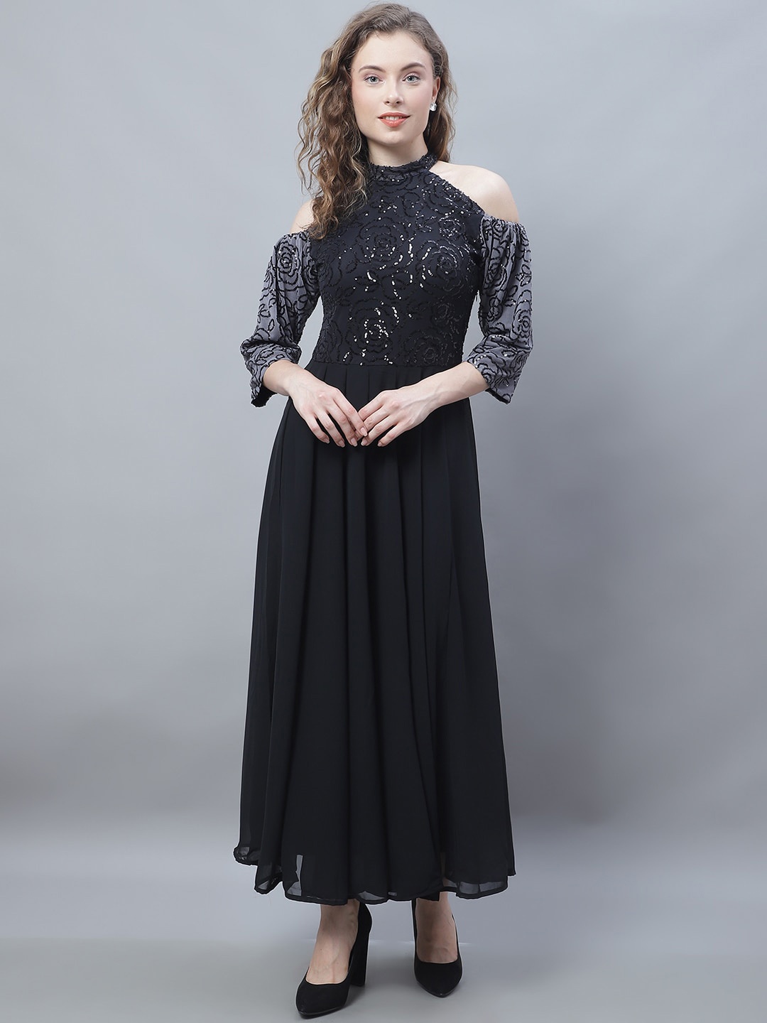 

Karmic Vision Sequined Embellish Halter Neck Cold-Shoulder Maxi Dress, Black