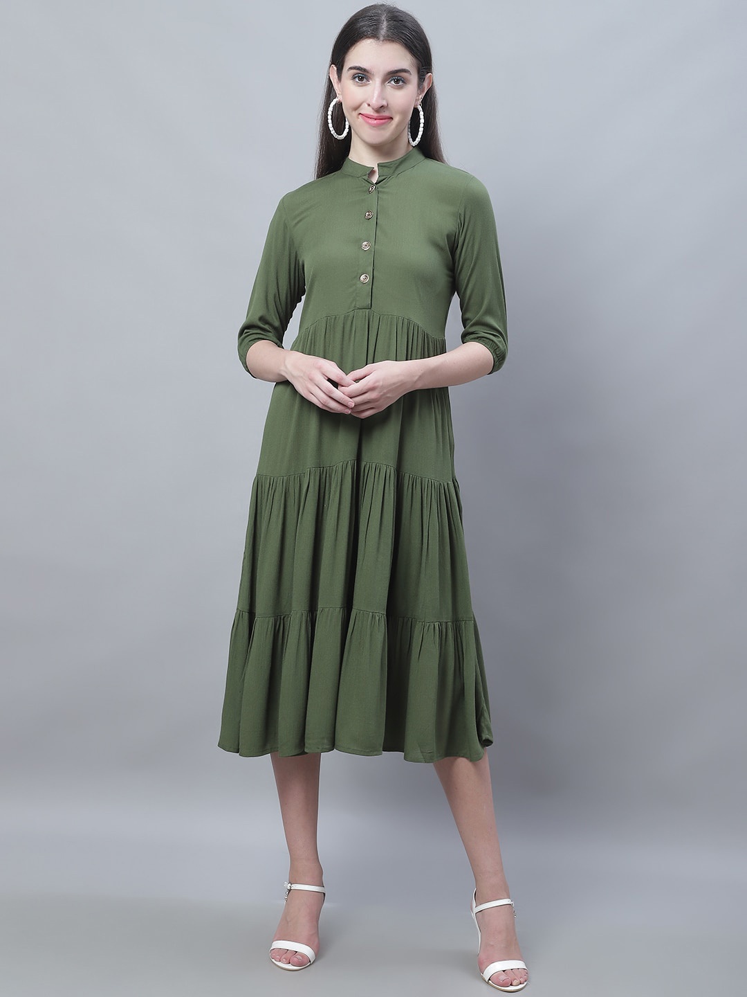 

Karmic Vision Mandarin Collar Tiered Gathers Detailed Fit & Flare Dress, Green