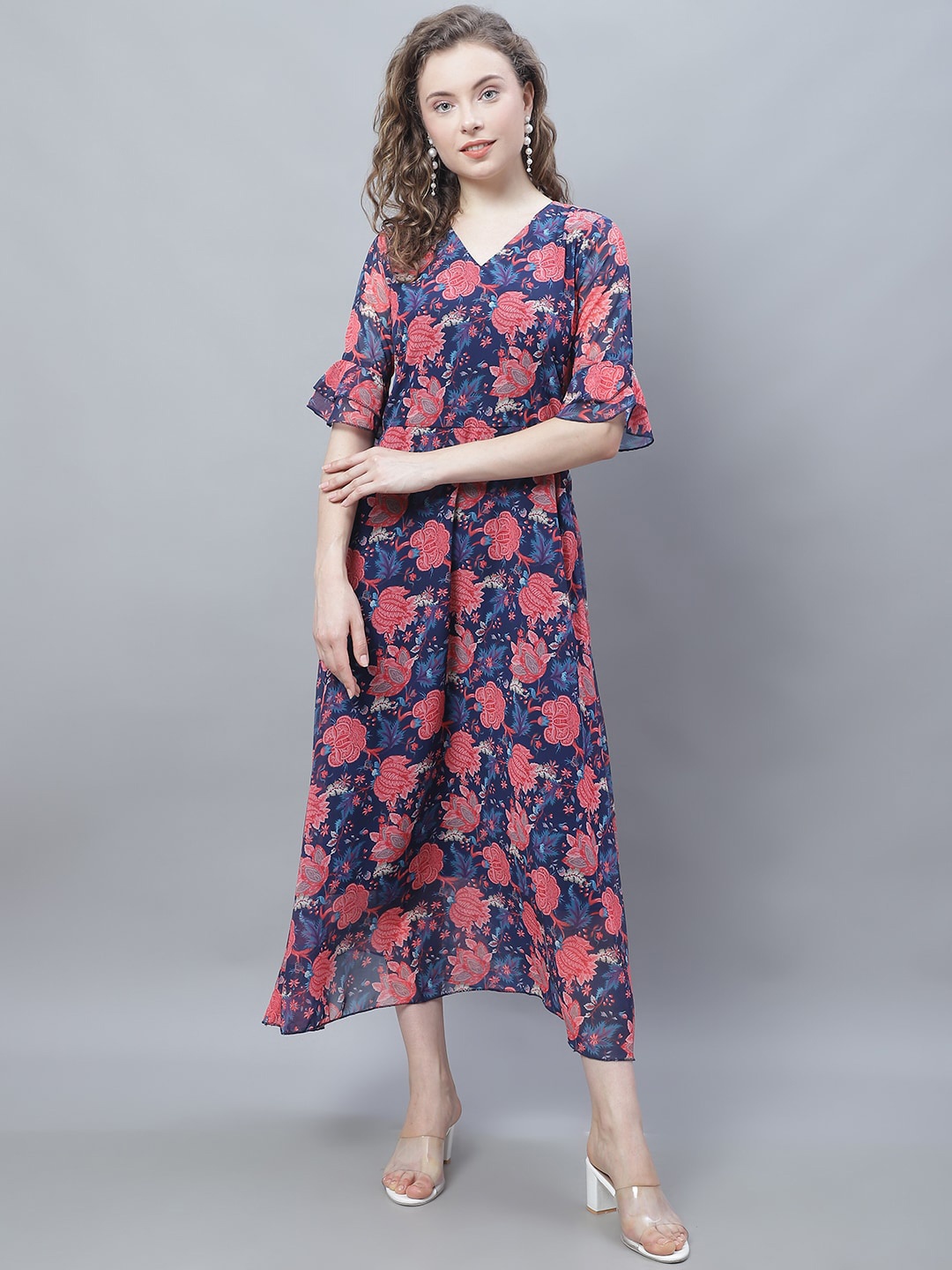 

Karmic Vision Floral Print Bell Sleeve A-Line Midi Dress, Blue