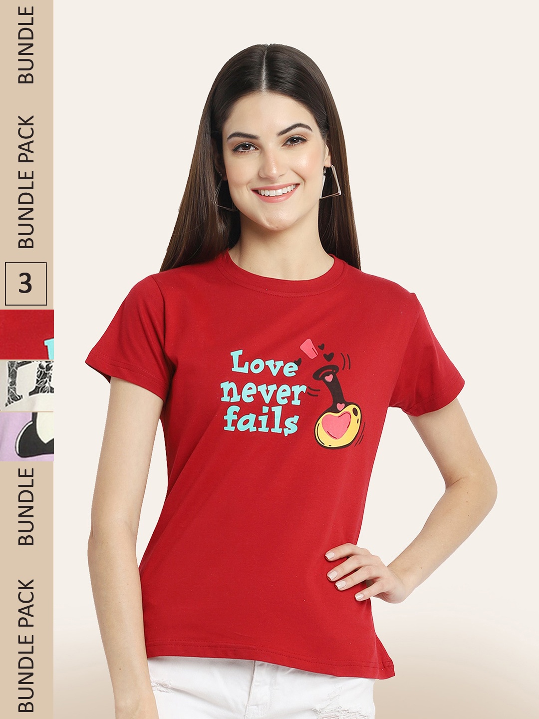 

BAESD Women Pack of 3 Printed Cotton T-shirts, Red