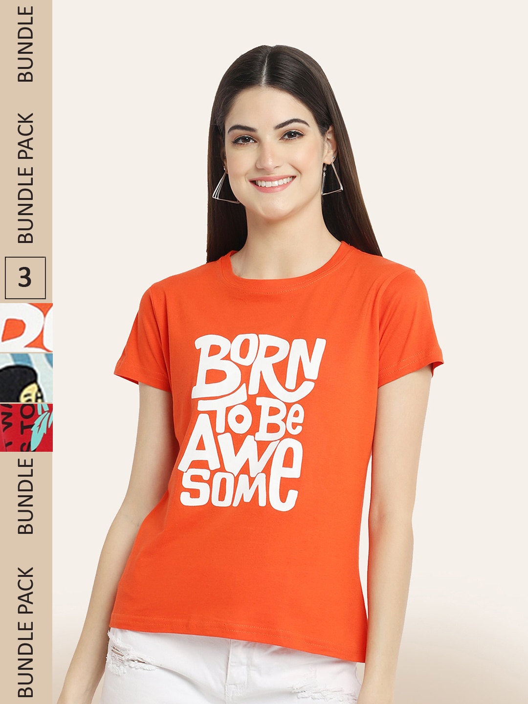 

BAESD Women Pack of 3 Printed Cotton T-shirts, Orange