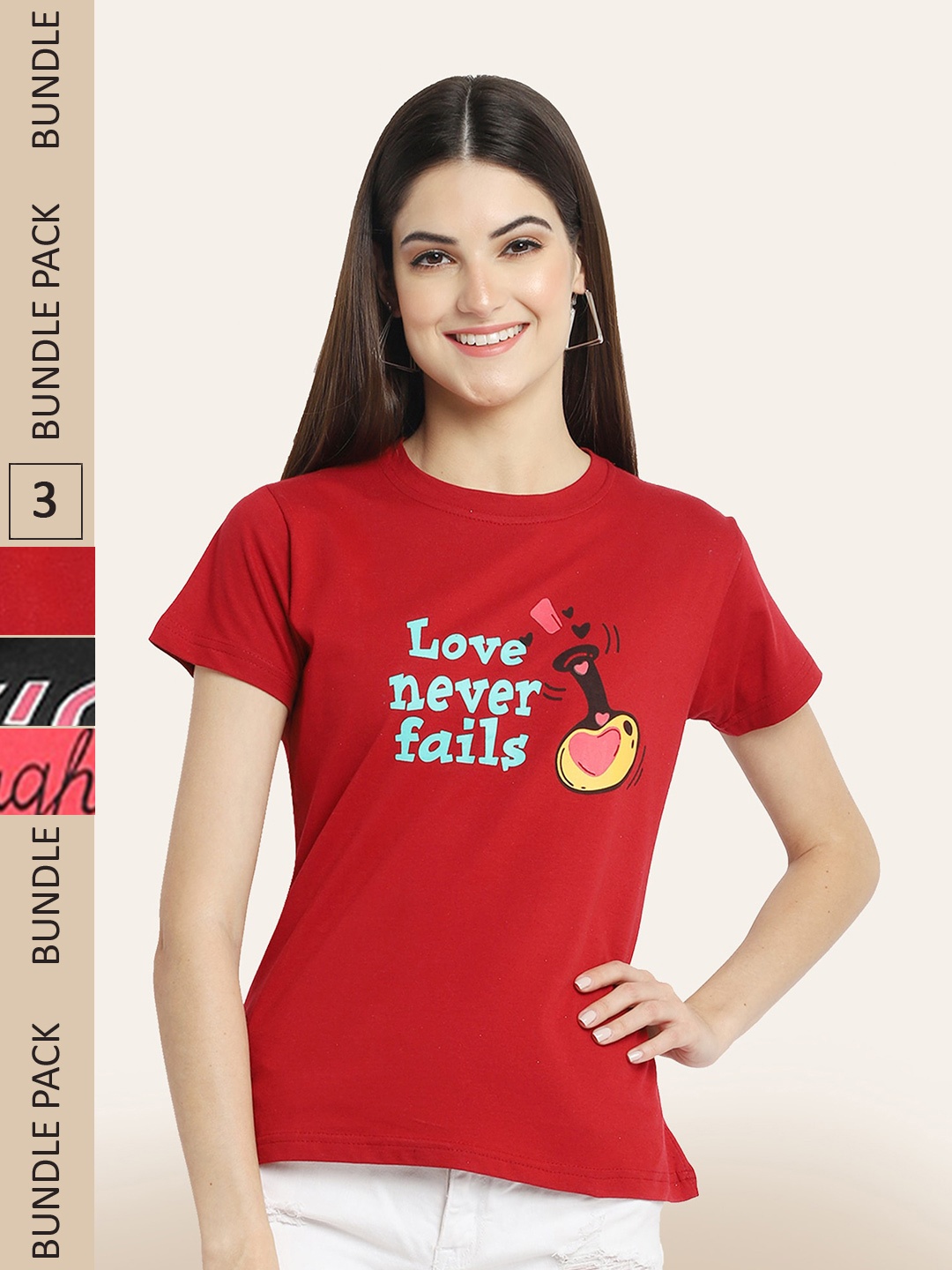 

BAESD Women Pack of 3 Printed Cotton T-shirts, Red