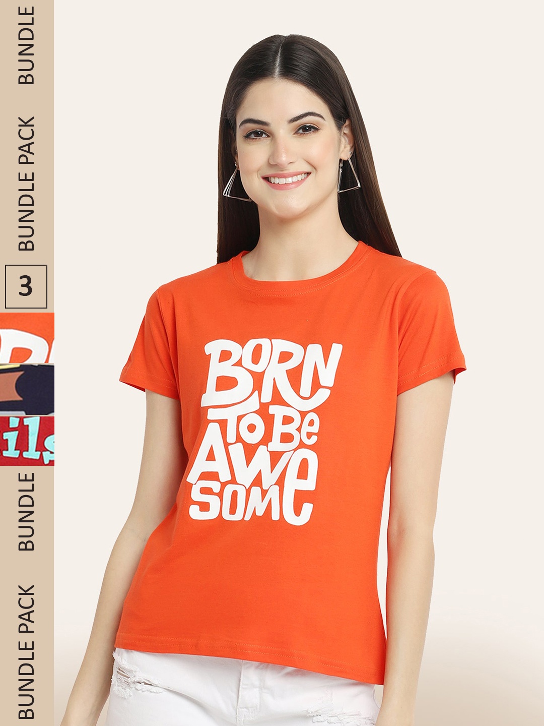 

BAESD Pack Of 3 Printed Typography Printed Cotton T-shirt, Orange