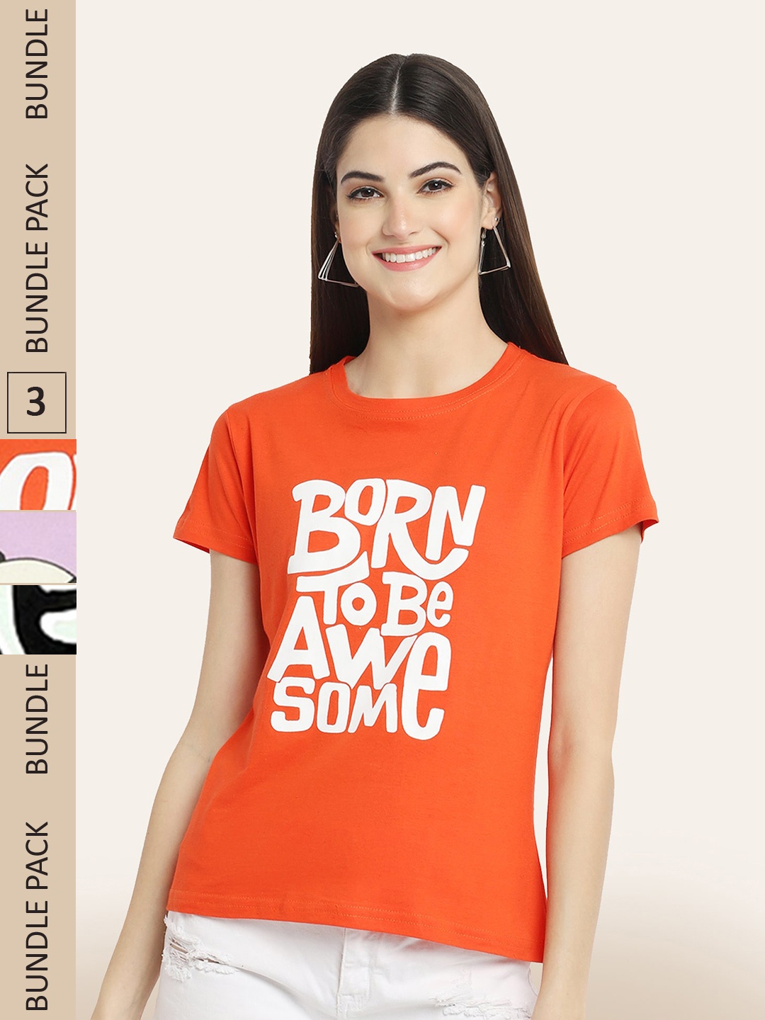 

BAESD Women Pack Of 3 Typography Printed Cotton T-shirt, Orange