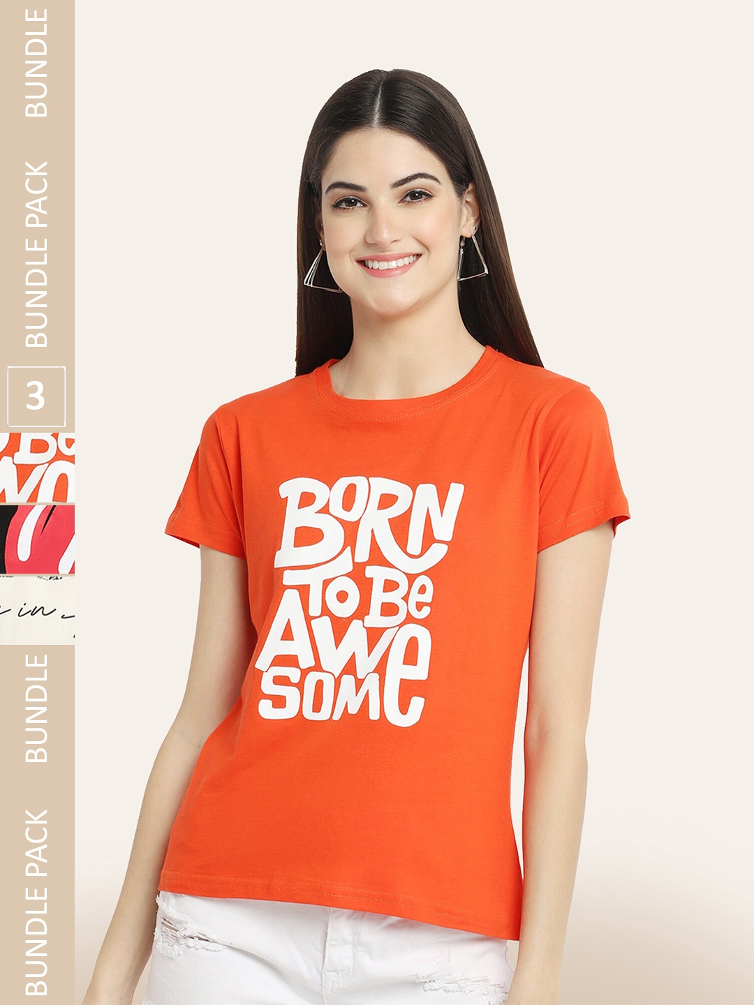 BAESD Pack Of 3 Round Neck Printed Cotton T-shirts, Orange