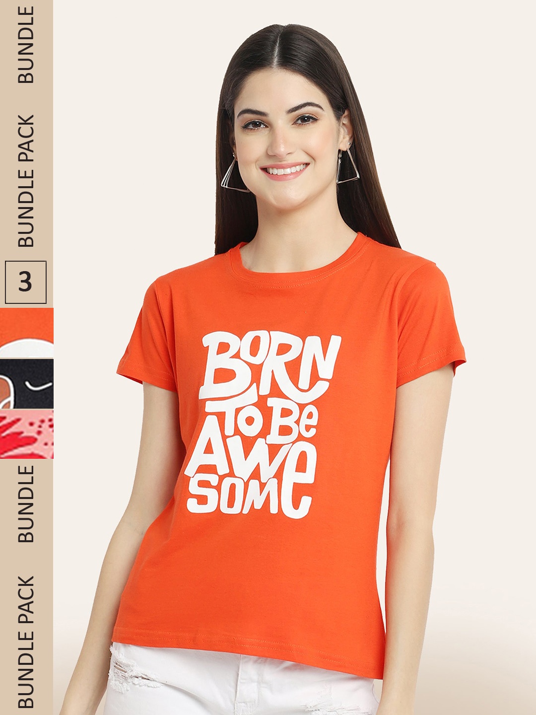 BAESD Women Pack Of 3 Typography Printed Cotton T-shirt, Orange