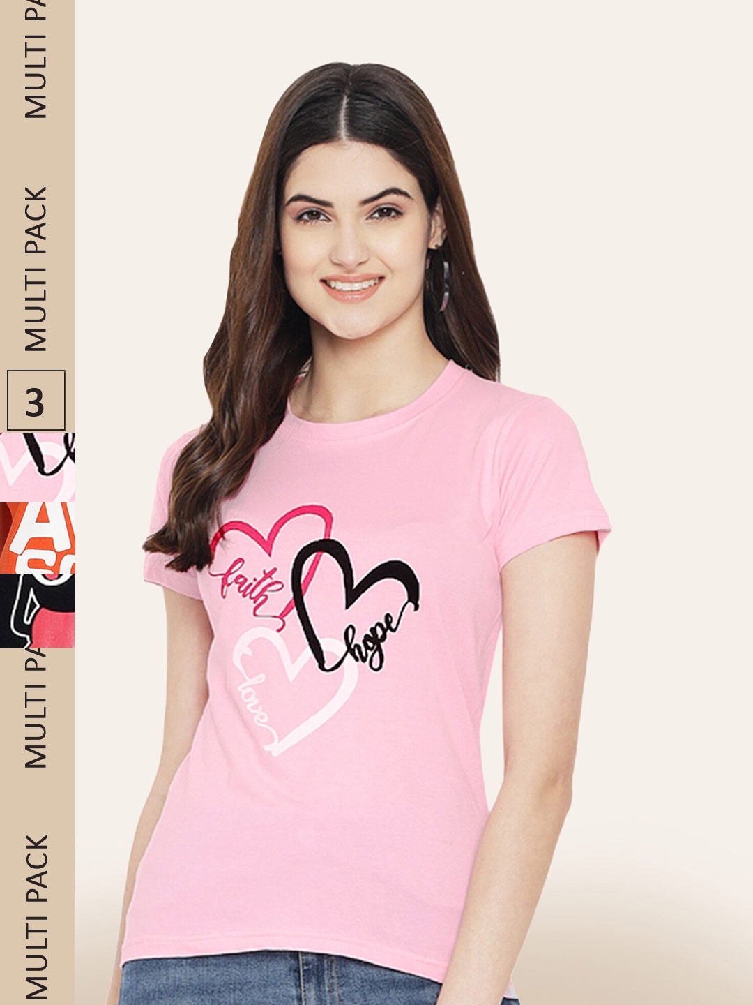 

BAESD Pack Of 3 Typography Printed Cotton T-shirts, Pink