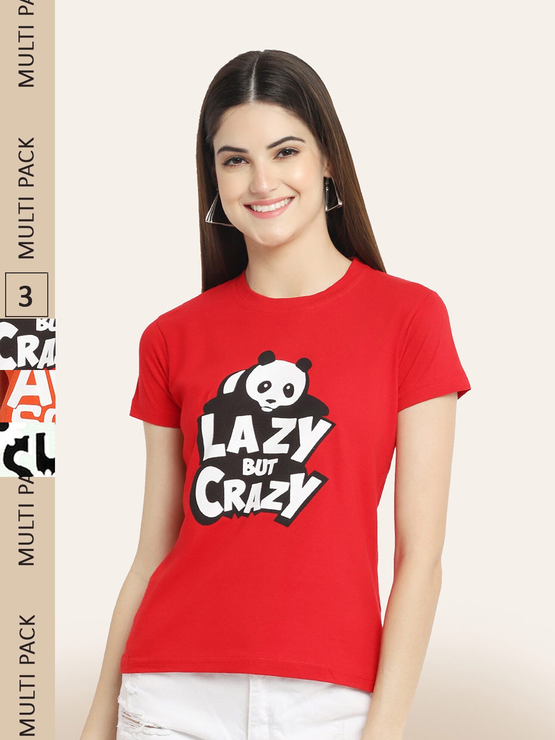 BAESD Pack Of 3 Typography Round Neck Cotton T-shirt, Red
