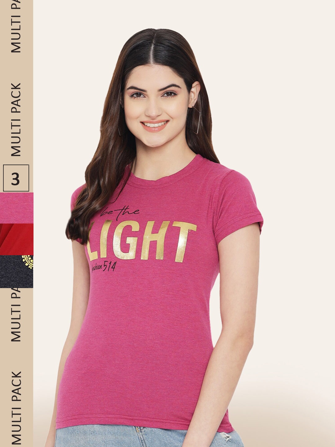 

BAESD Pack Of 3 Printed Cotton T-shirt, Pink