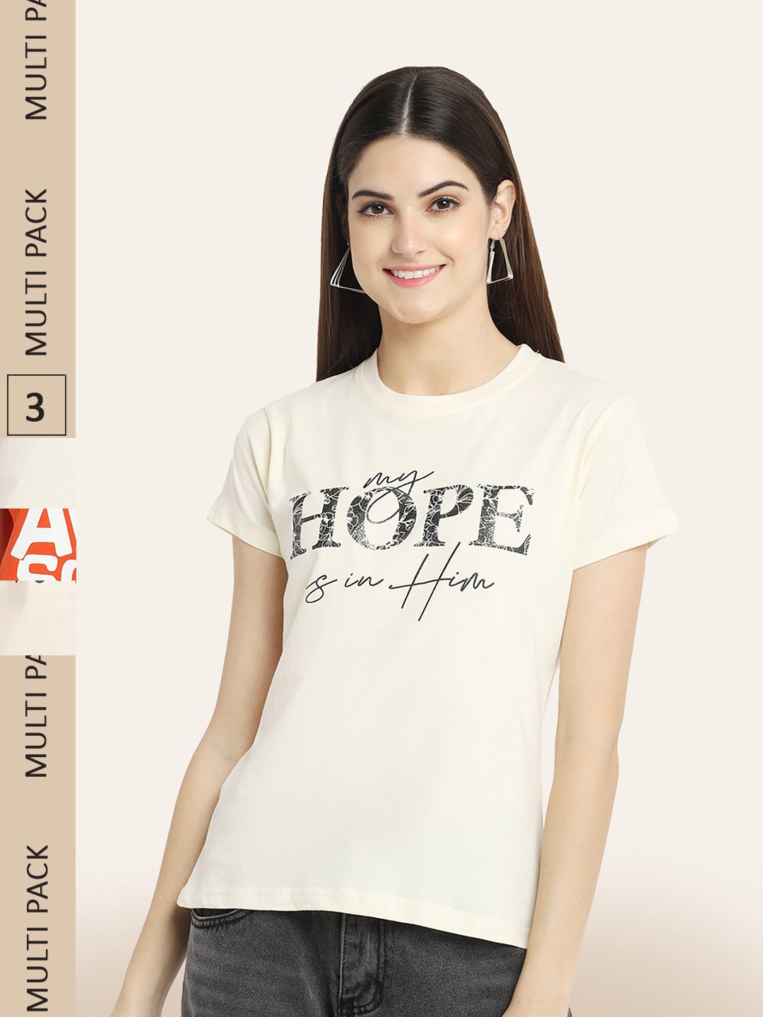 

BAESD Pack Of 3 Typography Printed Cotton T-shirt, Cream