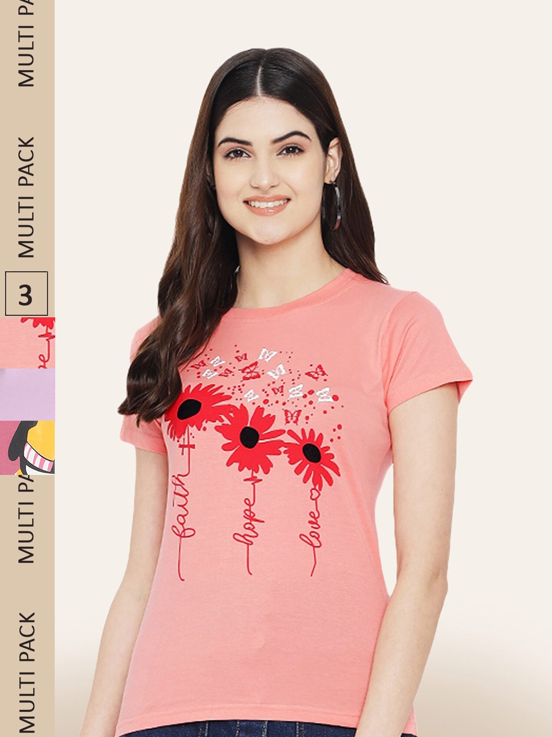 

BAESD Pack Of 3 Printed Cotton T-shirt, Pink